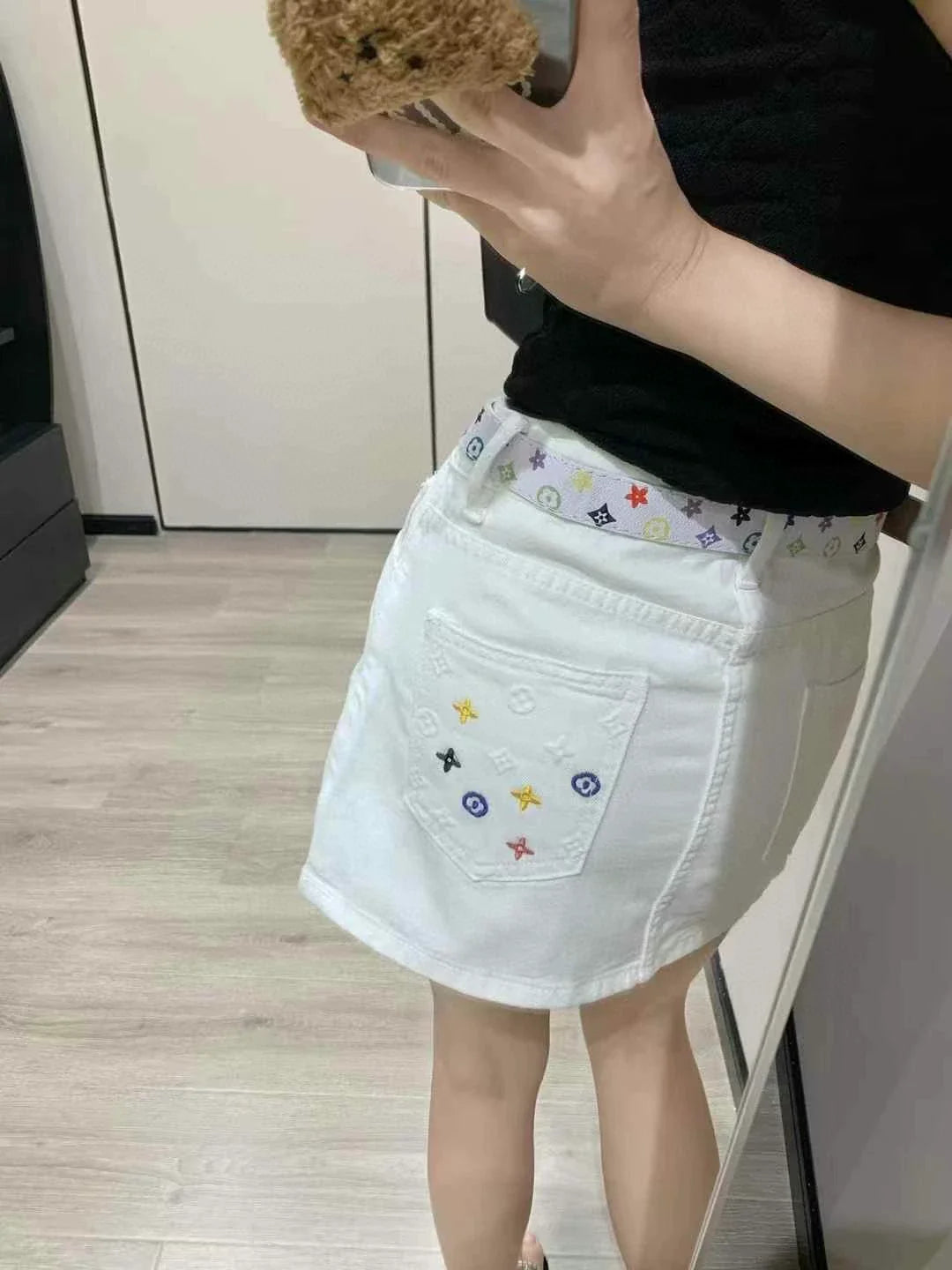 25 Summer New Embroidered Letters Washed Denim Skirt (With Belt)