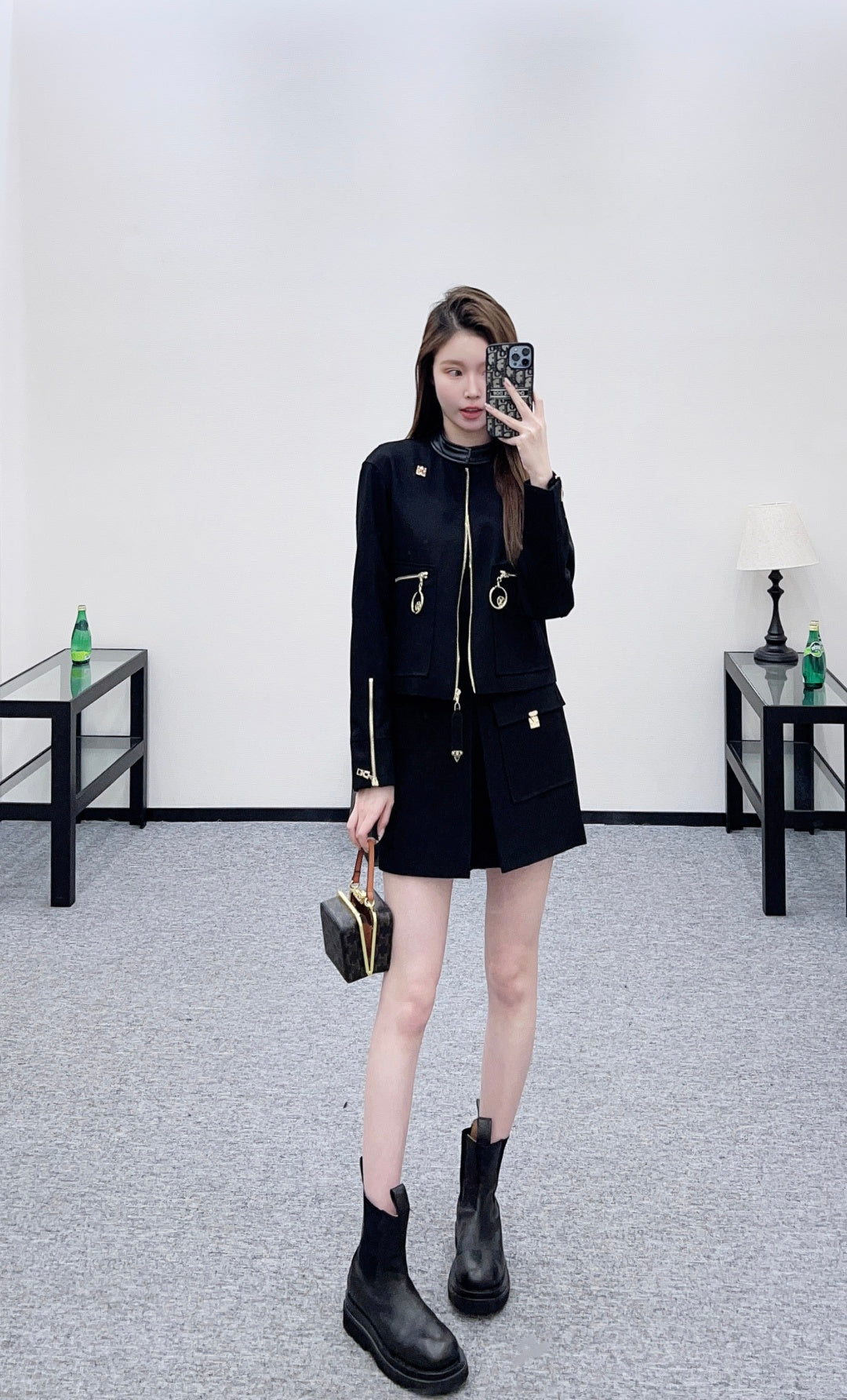 Zipper-front Leather Collar Jacket