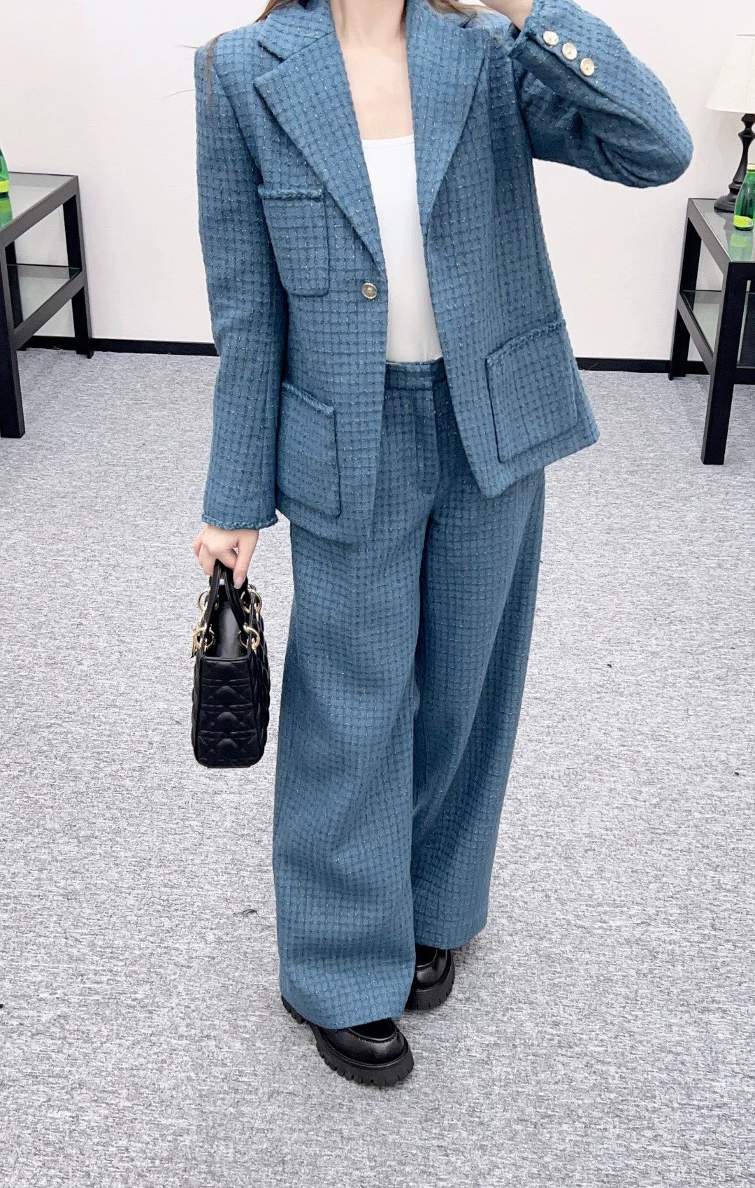 25fw Plaid tweed straight leg pants