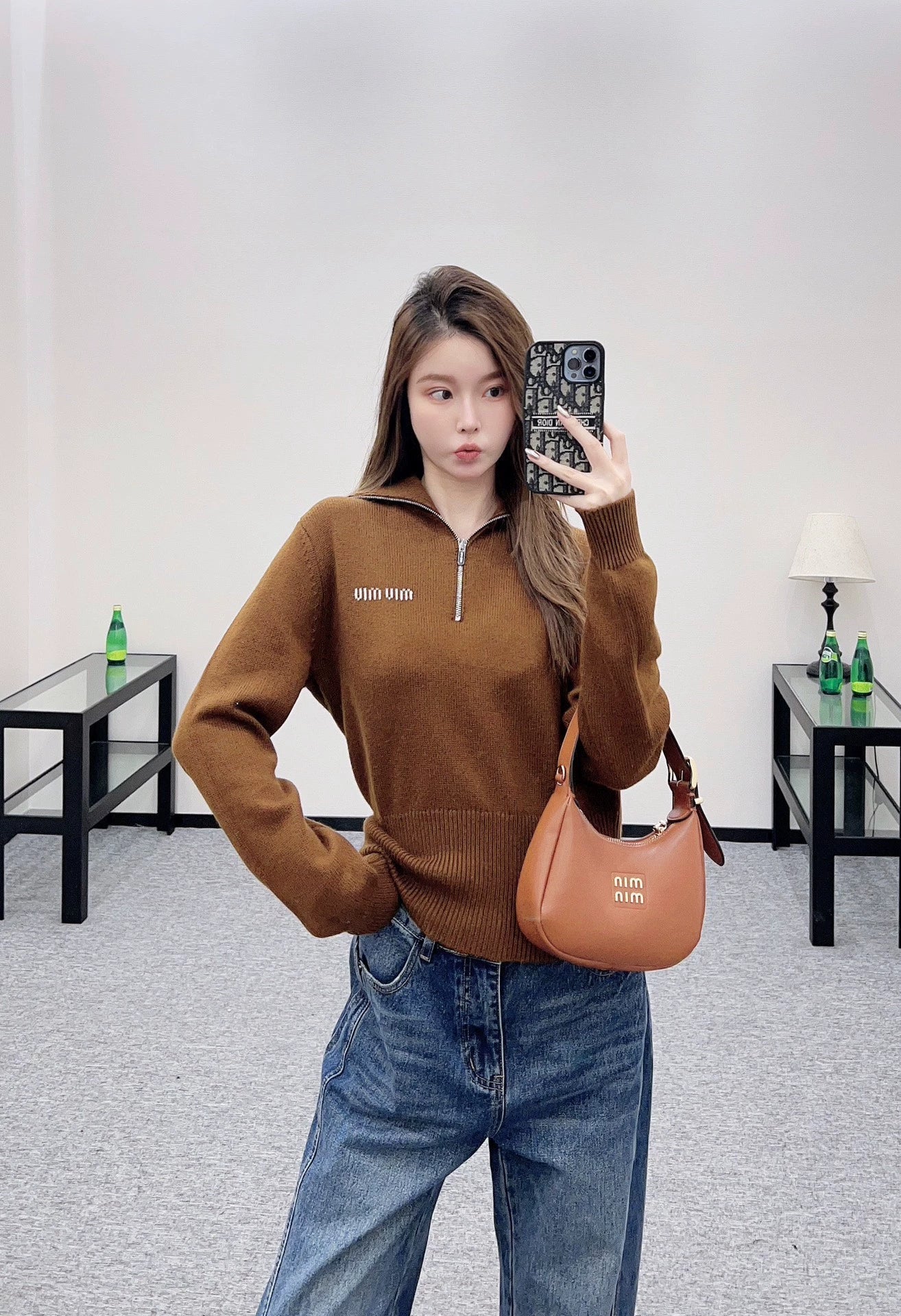 25fw Zipper lapel knit top