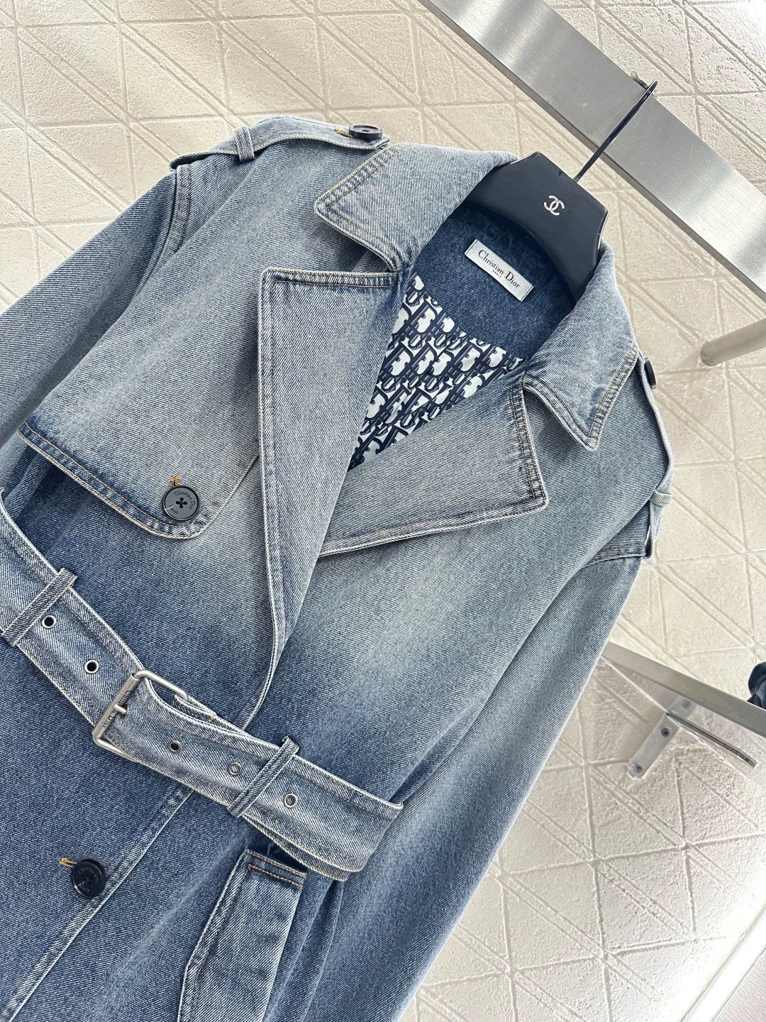 Printed denim mid length jacket
