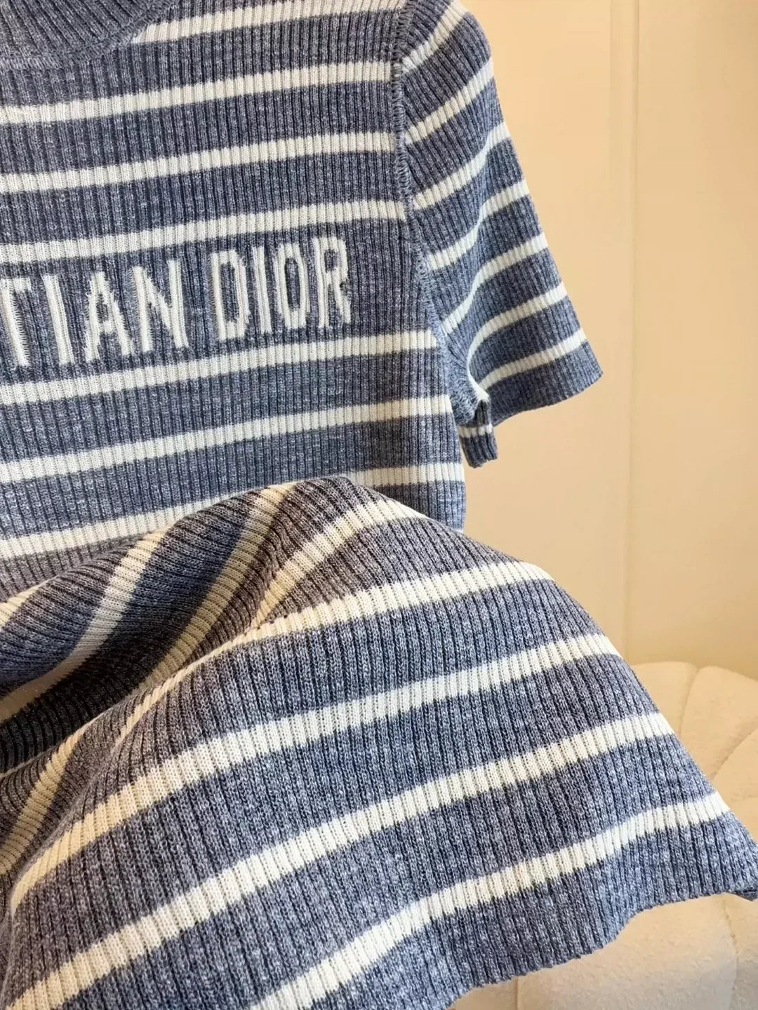 25 Summer new striped logo intarsia striped short-sleeved knitted top