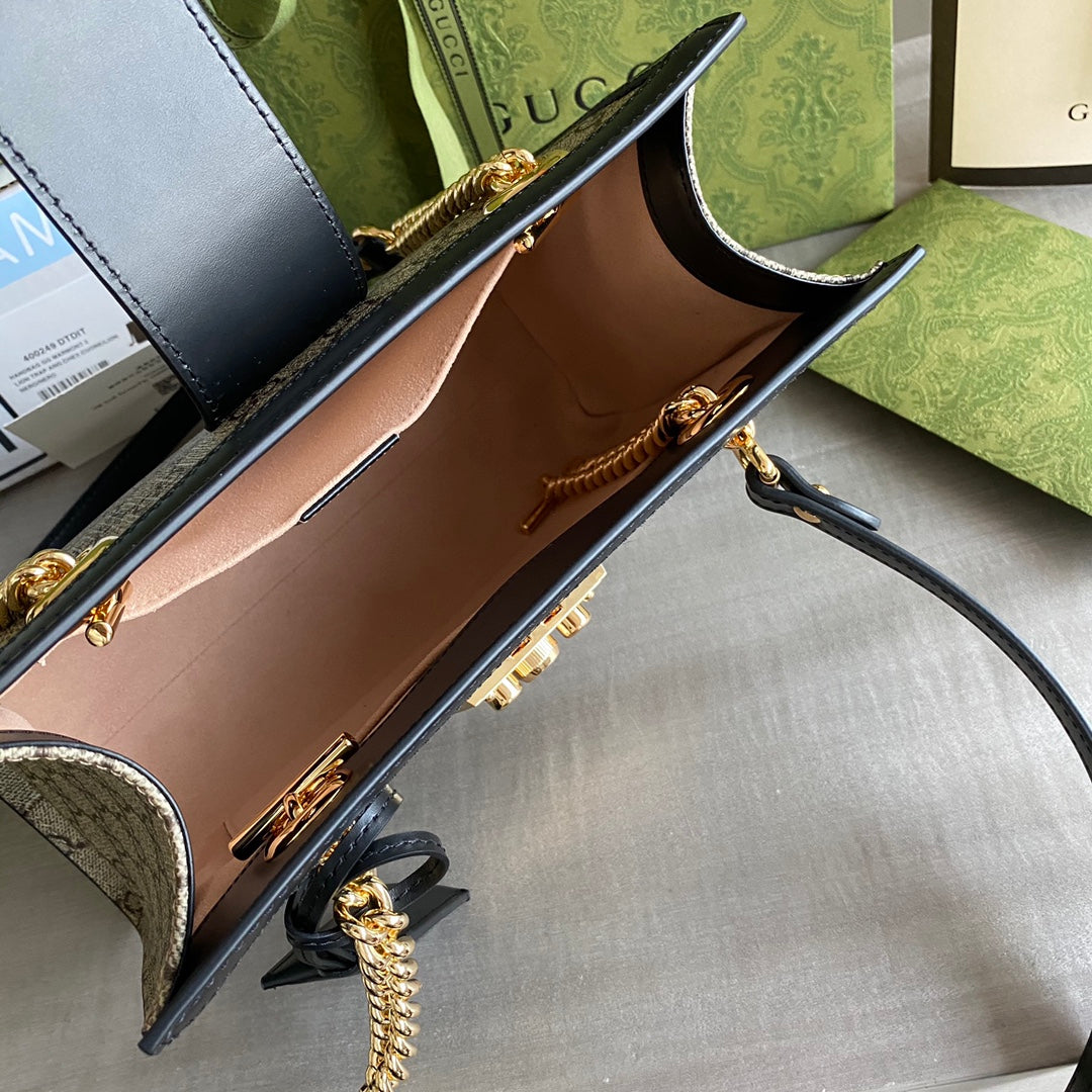 Padlock small shoulder bag Beige/ebony GG Supreme canvas, with brown leather detail