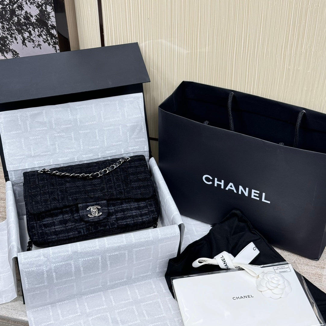 Classic 11.12 Handbag 25.5 Printed Denim & Ruthenium-Finish Metal Black