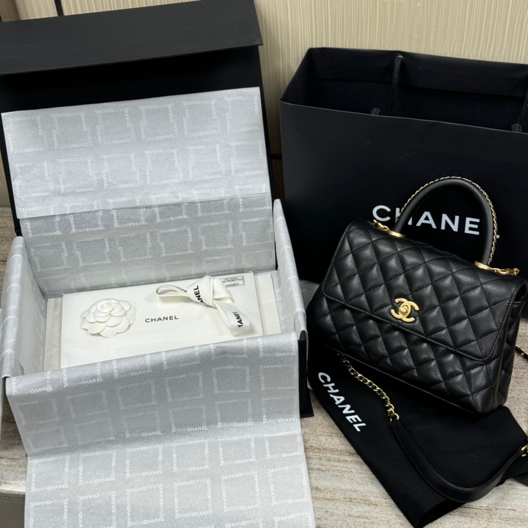 FLAP BAG WITH TOP HANDLE 24 Grained Calfskin Black