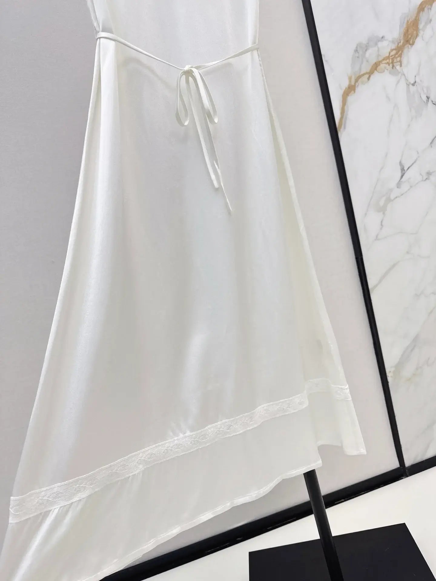 Lace-Trimmed Satin-Finish Short Sleeve Dress