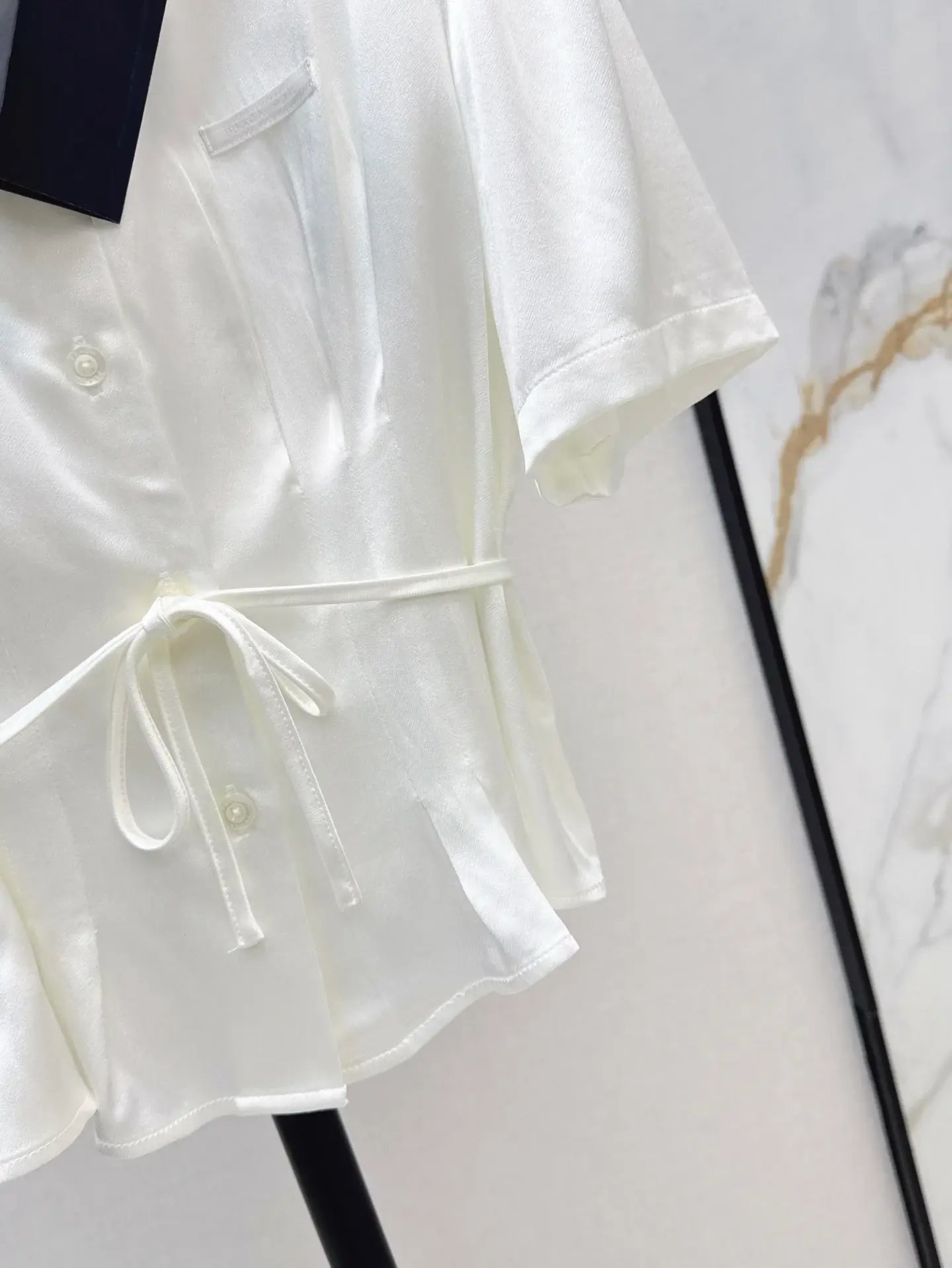 Pleated Waist-Tie Short Sleeve Shirt