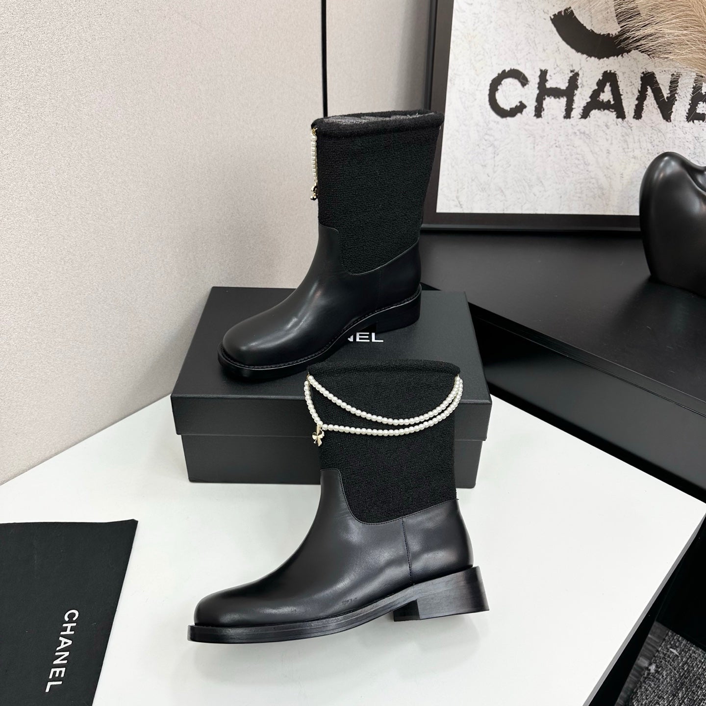 25 Pearl necklace decoration, thick soled short boots(GRAY/BLACK)