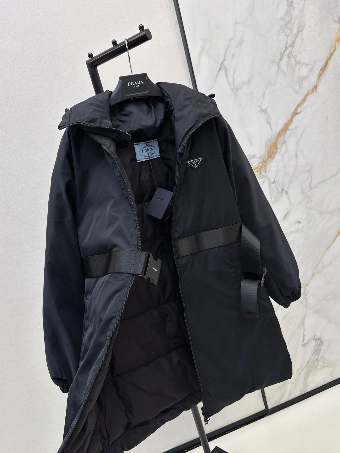 25fw new buckle belt hooded down jacket