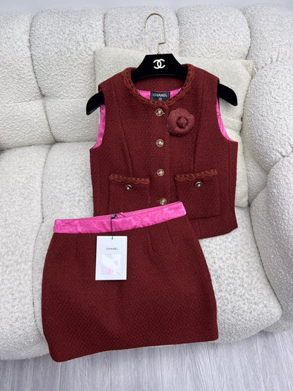 Retro Caramel Tweed Vest + Skirt Set (Advanced Hand-Spun Series)