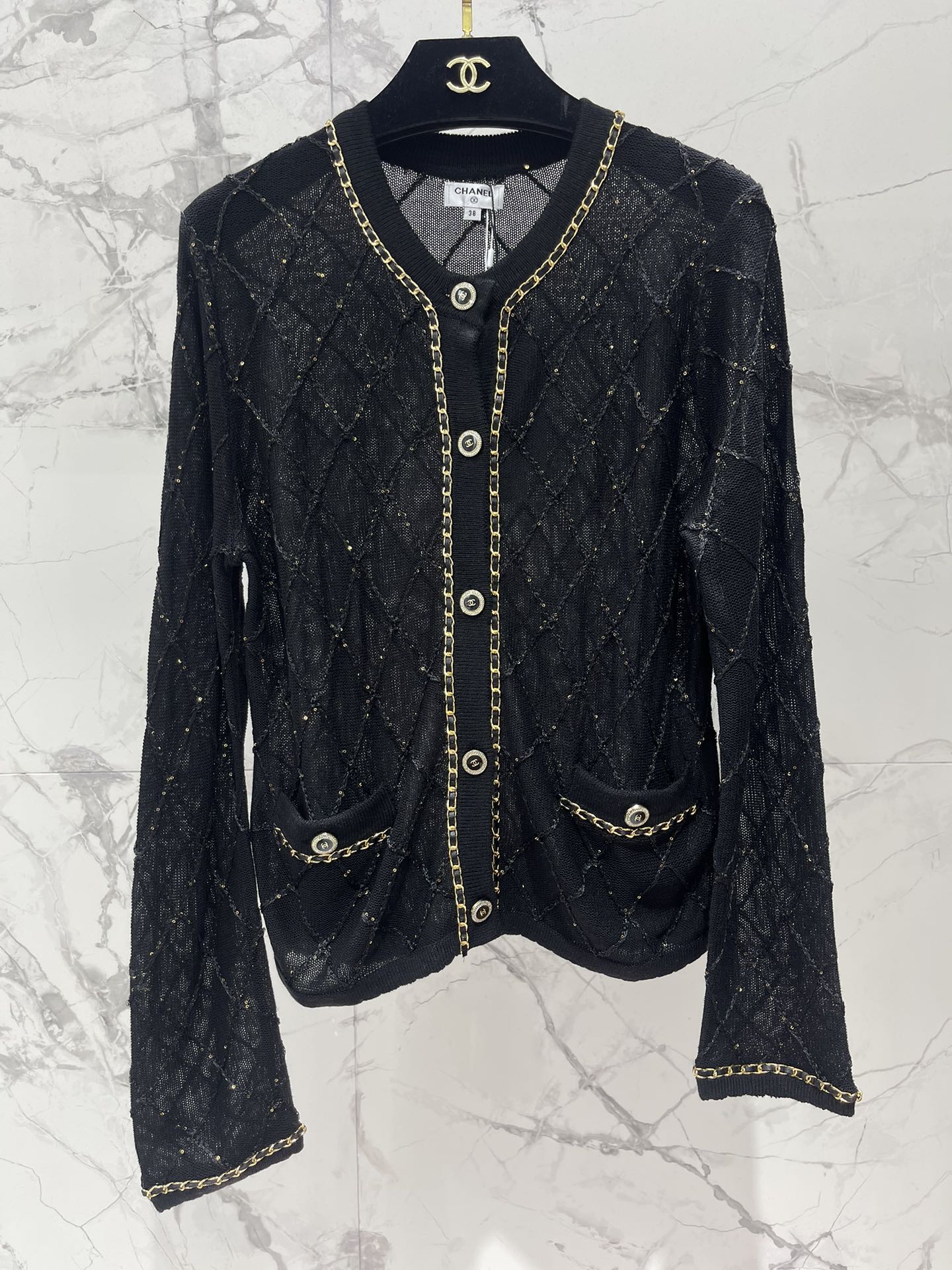 Hand-Strapped Sequined Knit Cardigan
