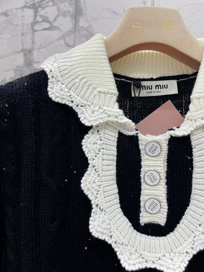25fw Doll collar patchwork knit sweater