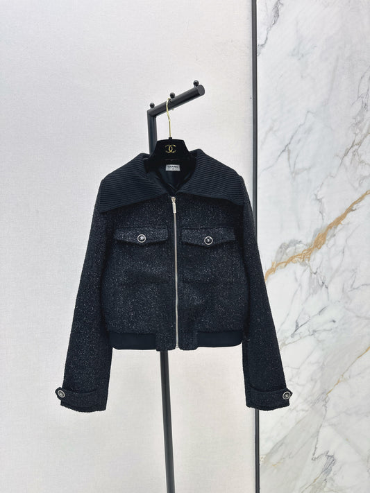 25fw Knitted silver silk dress zipper jacket