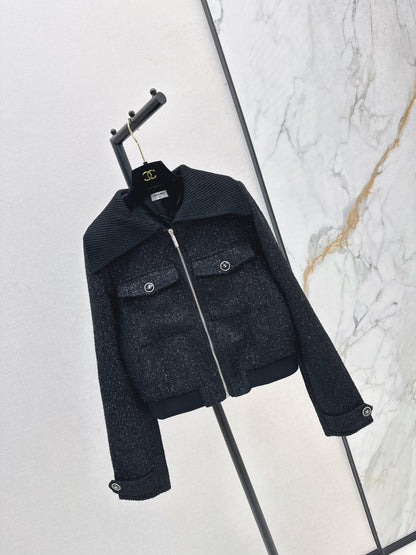 25fw Knitted silver silk dress zipper jacket