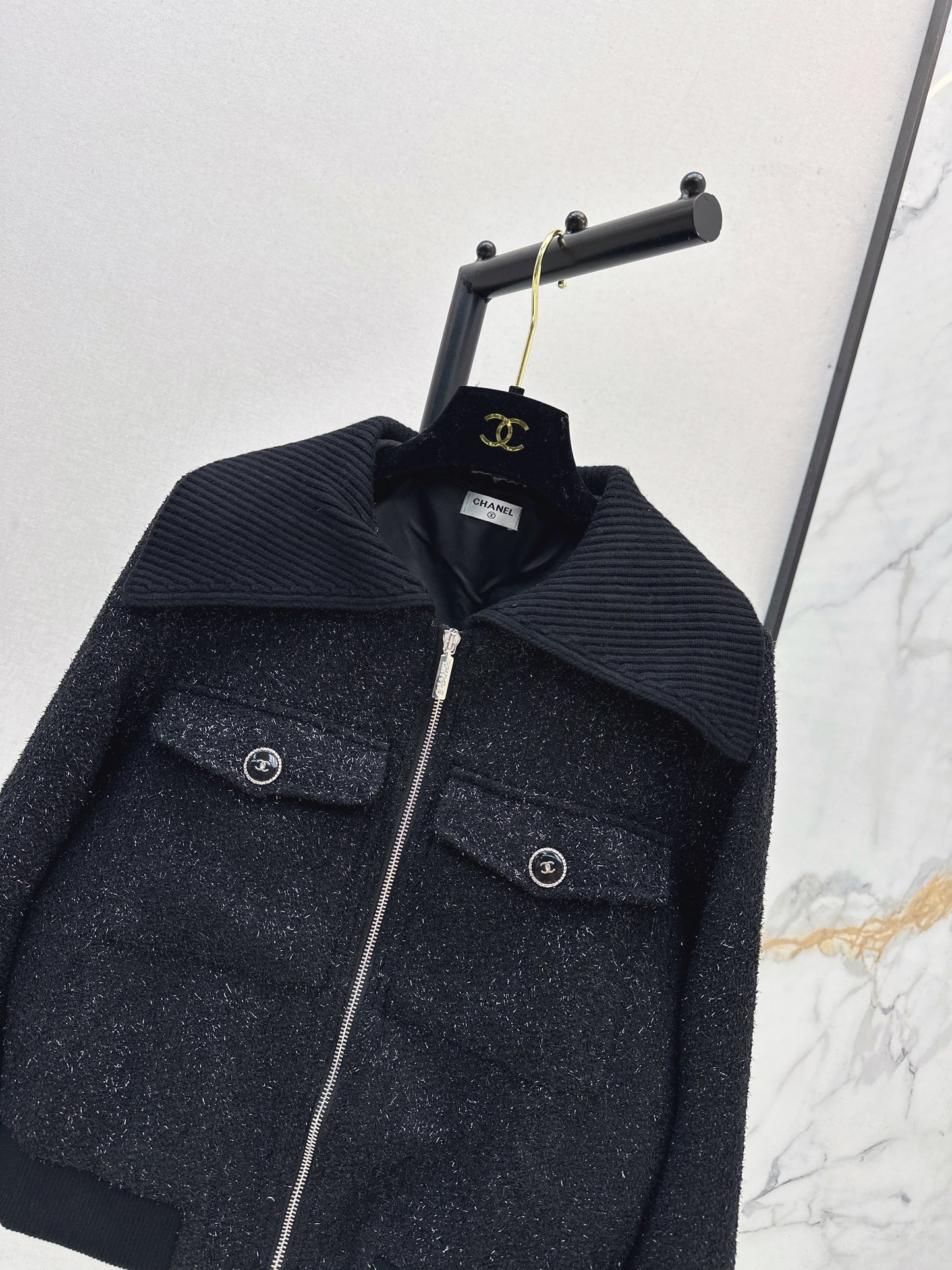 25fw Knitted silver silk dress zipper jacket