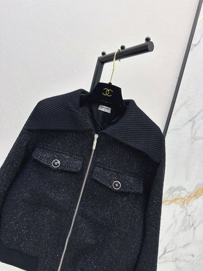 25fw Knitted silver silk dress zipper jacket