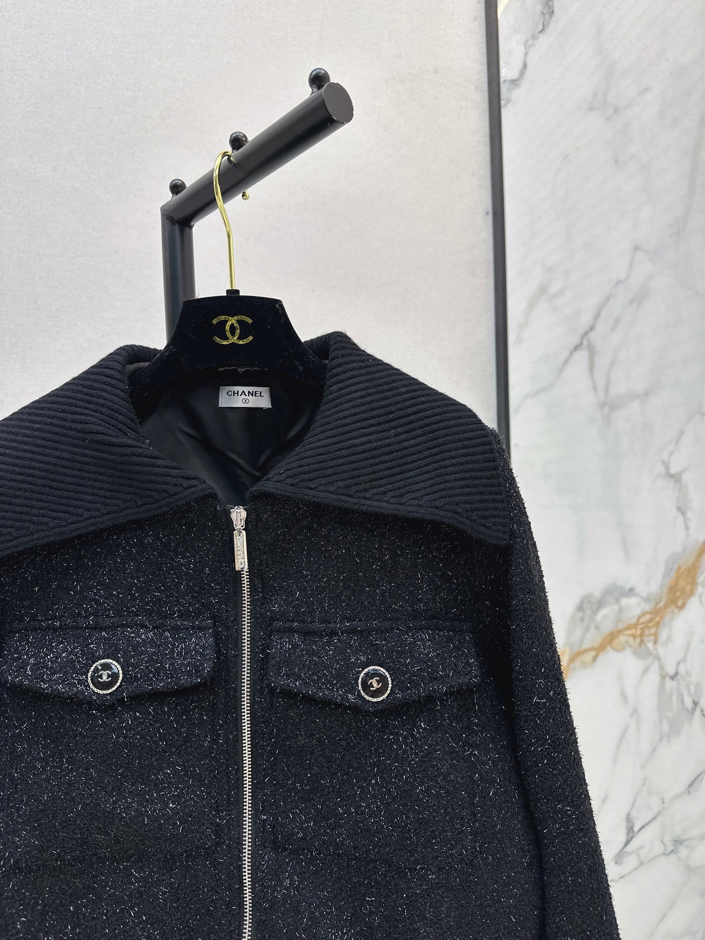 25fw Knitted silver silk dress zipper jacket