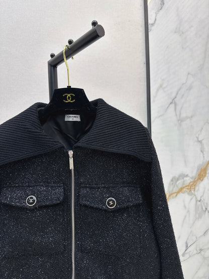 25fw Knitted silver silk dress zipper jacket