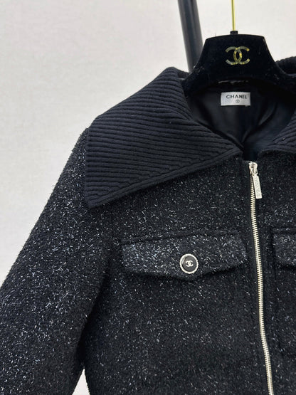 25fw Knitted silver silk dress zipper jacket