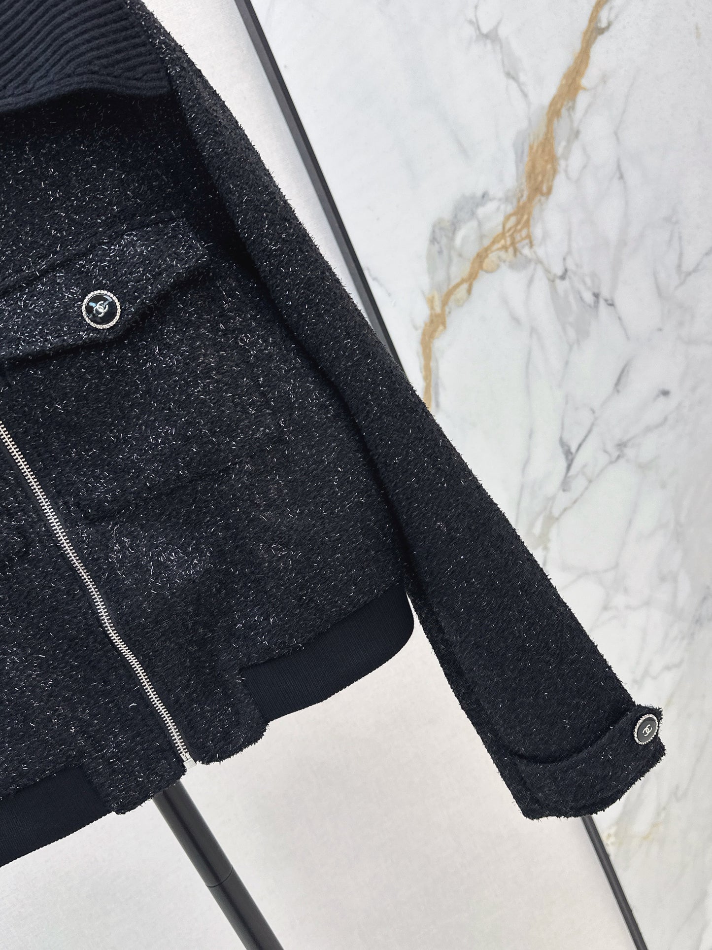 25fw Knitted silver silk dress zipper jacket