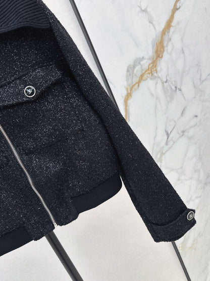 25fw Knitted silver silk dress zipper jacket