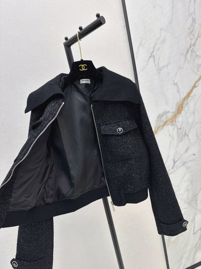 25fw Knitted silver silk dress zipper jacket