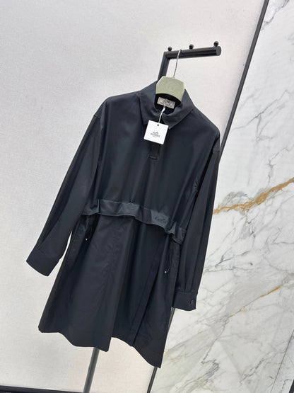 25fw Stand up collar drawstring design dress