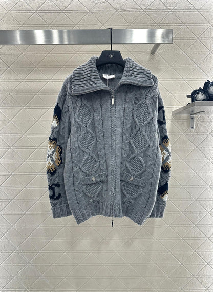 25fw Zipper hook flower knitted cardigan