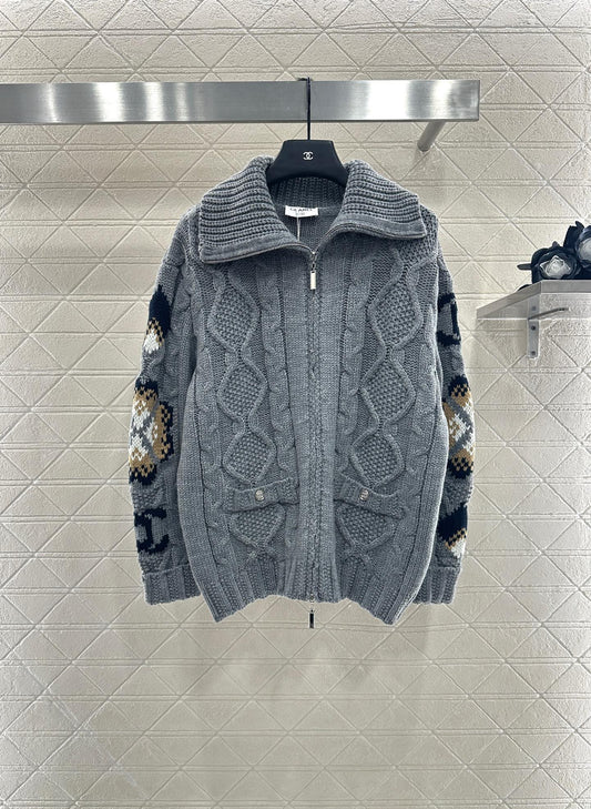 25fw Zipper hook flower knitted cardigan