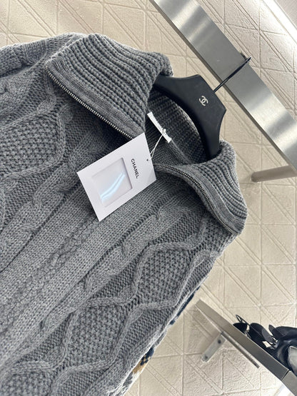 25fw Zipper hook flower knitted cardigan