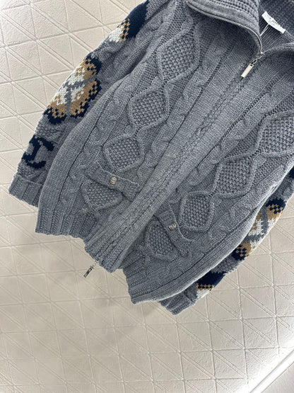 25fw Zipper hook flower knitted cardigan