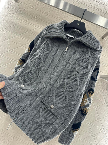 25fw Zipper hook flower knitted cardigan