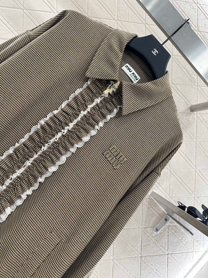 25fw Color blocking lace lace jacket short skirt set