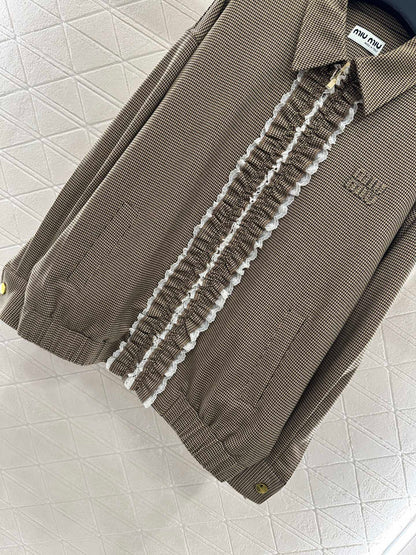 25fw Color blocking lace lace jacket short skirt set