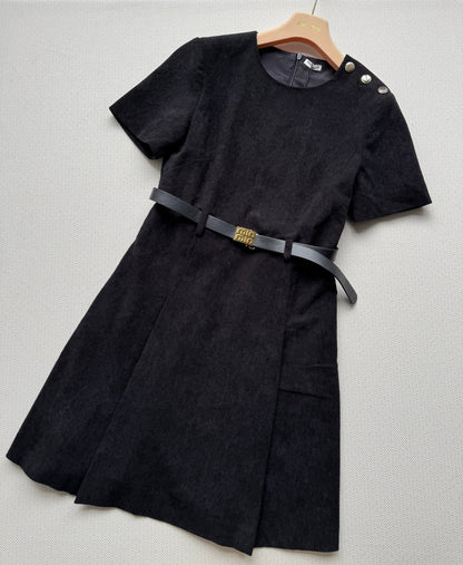 25fw Waist cinched shoulder button slim fit dress