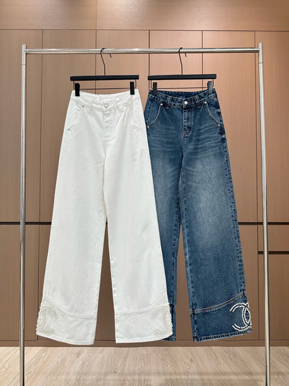 25fw Handmade pearl decorated jeans