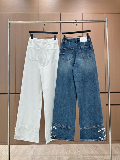 25fw Handmade pearl decorated jeans