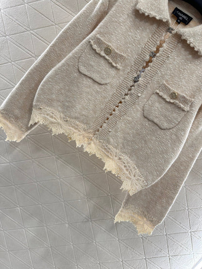 25fw Embroidered lace knitted cardigan