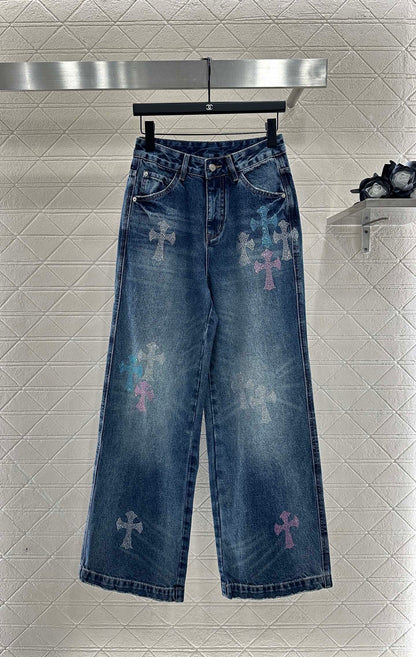 25fw Hot stamping denim cross pants