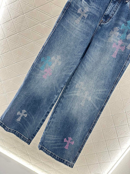25fw Hot stamping denim cross pants