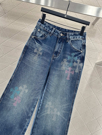25fw Hot stamping denim cross pants