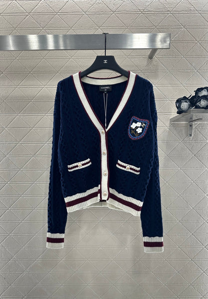 25fw V-neck Fried Dough Twists contrast knitted cardigan