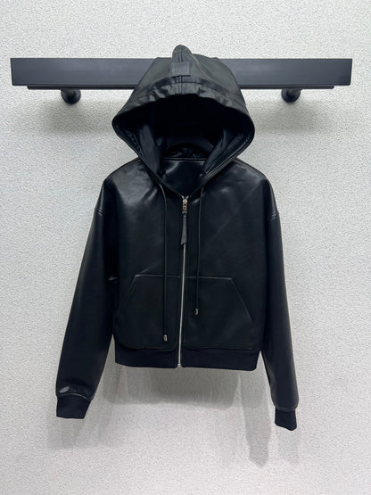 25fw Leather hooded jacket