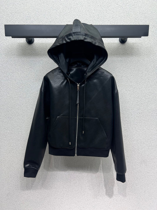 25fw Leather hooded jacket