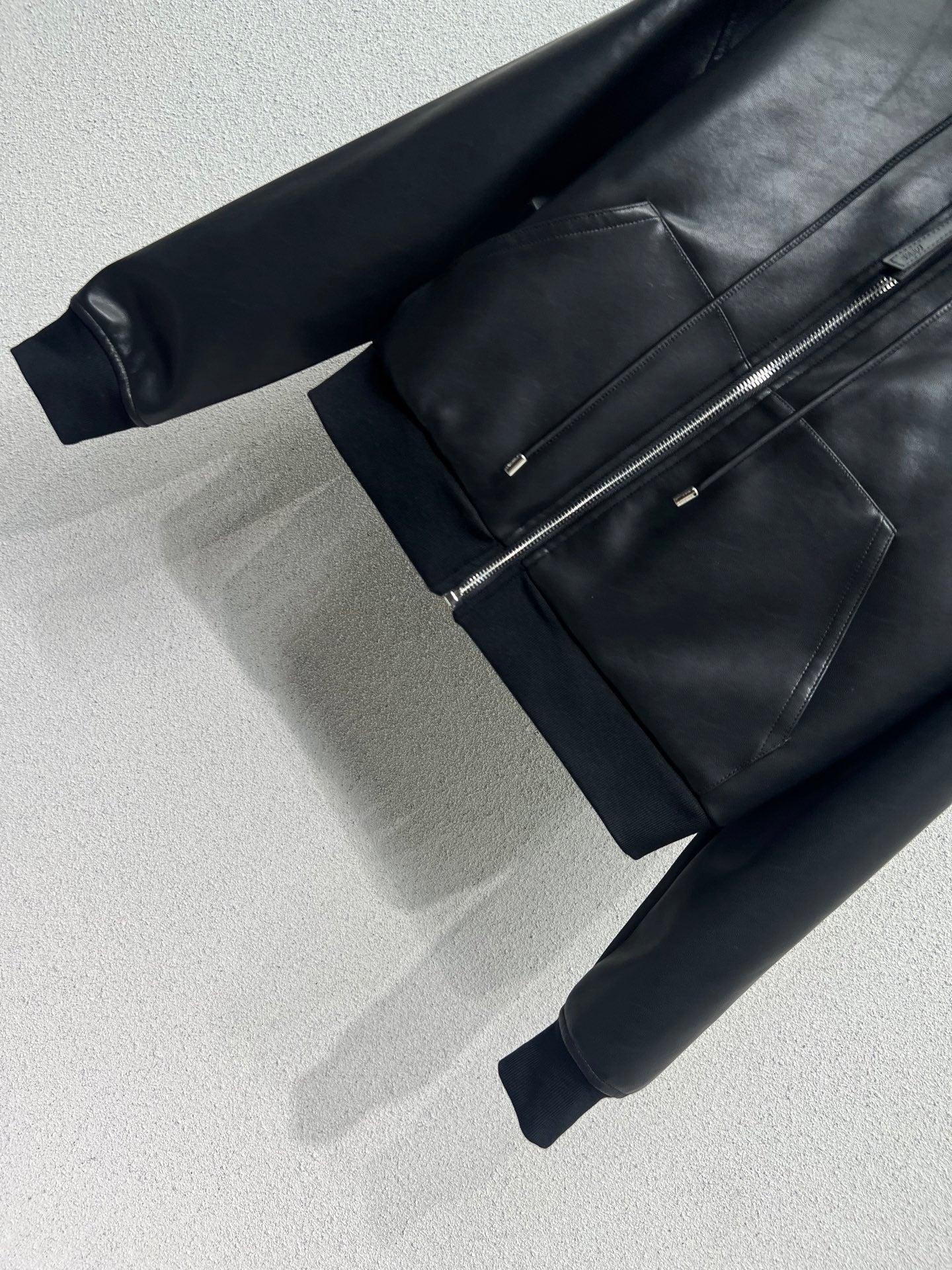 25fw Leather hooded jacket