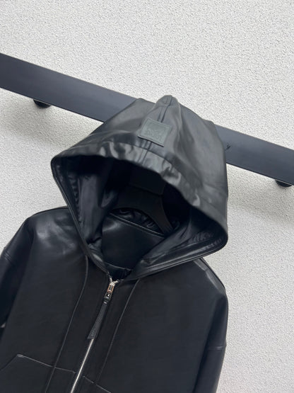 25fw Leather hooded jacket