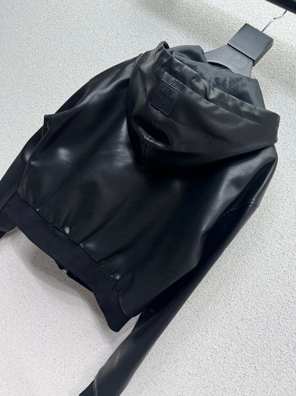 25fw Leather hooded jacket