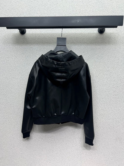 25fw Leather hooded jacket
