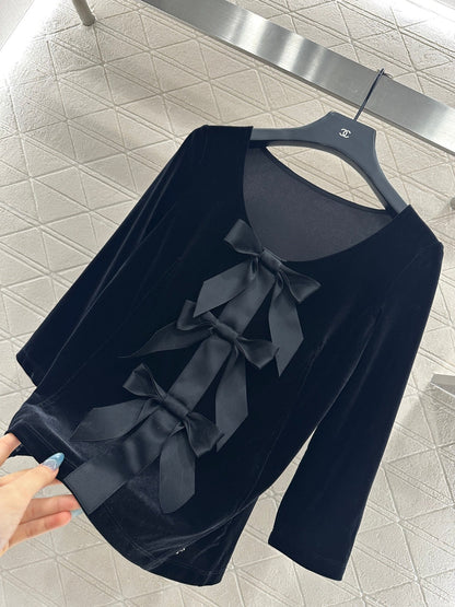 25fw Peach heart collar bow mid sleeve top