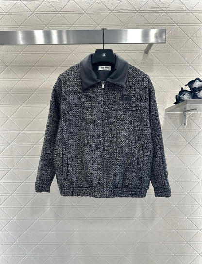 25fw Collar jacket with patchwork leather